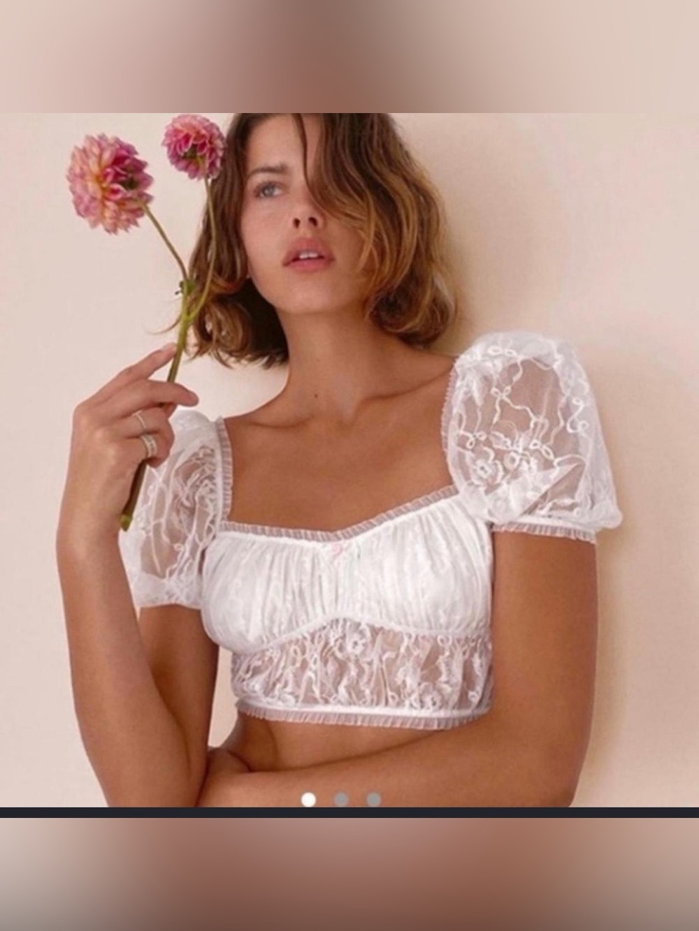 For love and lemons White Sheer Lace Puff Sleeve Crop Top